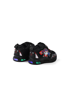 Unisex Bebe Siyah Kırmızı Figürlü Işıklı Cırtlı Sneaker Günlük Spor Ayakkabı