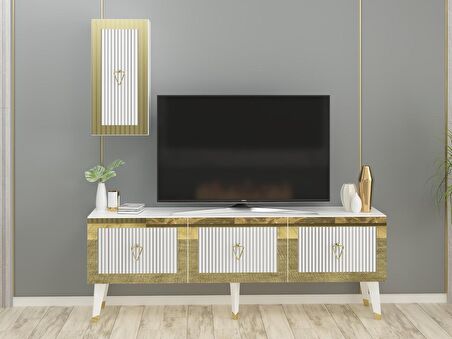 LAZER DESENLİ 150 CM BARE TV ÜNİTESİ BEYAZ-ALTIN