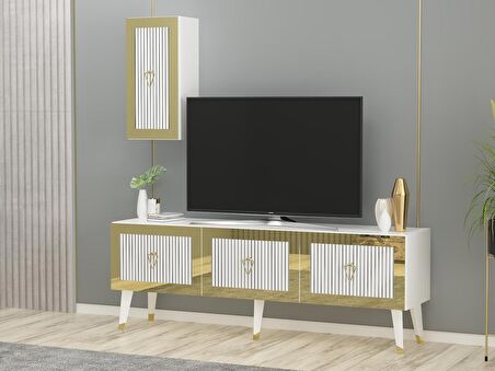 LAZER DESENLİ 150 CM BARE TV ÜNİTESİ BEYAZ-ALTIN