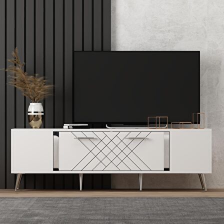 LAZER DESENLİ 150 CM DETAS TV ÜNİTESİ BEYAZ-GÜMÜŞ