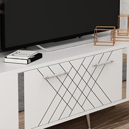 LAZER DESENLİ 150 CM DETAS TV ÜNİTESİ BEYAZ-GÜMÜŞ