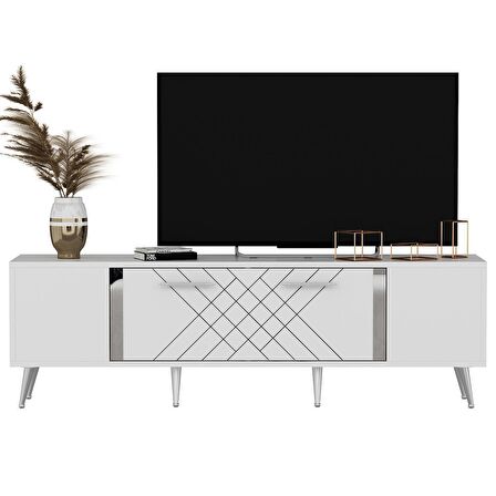 LAZER DESENLİ 150 CM DETAS TV ÜNİTESİ BEYAZ-GÜMÜŞ