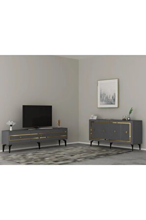 NOVA TV SEHPASI (alt modül) ve KONSOL 2'Lİ SALON TAKIMI ANTRASİT-ALTIN