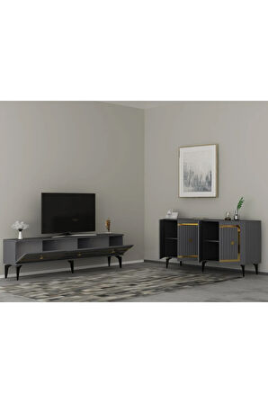 NOVA TV SEHPASI (alt modül) ve KONSOL 2'Lİ SALON TAKIMI ANTRASİT-ALTIN