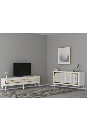 NOVA TV SEHPASI (alt modül) ve KONSOL 2'Lİ SALON TAKIMI BEYAZ-ALTIN