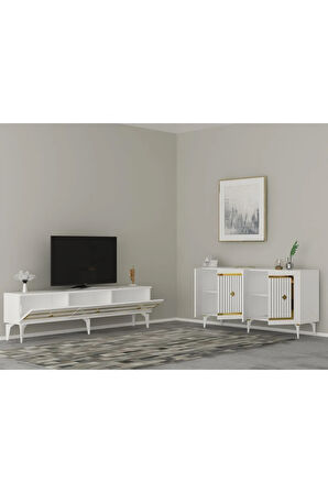 NOVA TV SEHPASI (alt modül) ve KONSOL 2'Lİ SALON TAKIMI BEYAZ-ALTIN