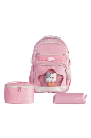 Relaxion 1920 İlkokul Kız Çocuk Pembe Ergonomik Okul Çantası 3'lü Set Beslenme Çantalı Kalemlikli