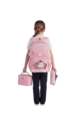 Relaxion 1920 İlkokul Kız Çocuk Pembe Ergonomik Okul Çantası 3'lü Set Beslenme Çantalı Kalemlikli
