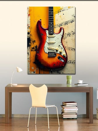 Kanvas Tablo Kırmızı Elektro Gitar Ve Müzik Notaları