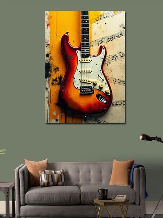 Kanvas Tablo Kırmızı Elektro Gitar Ve Müzik Notaları