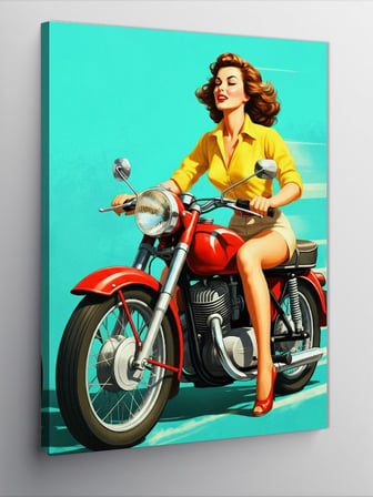 Kanvas Tablo Kırmızı Motosiklet Süren Retro Kadın