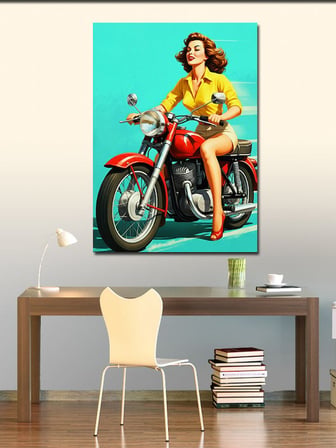 Kanvas Tablo Kırmızı Motosiklet Süren Retro Kadın