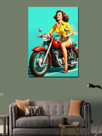Kanvas Tablo Kırmızı Motosiklet Süren Retro Kadın