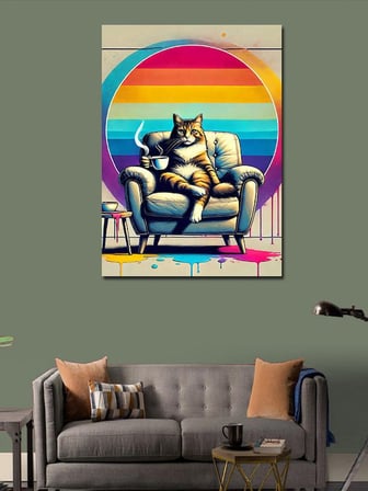 Kanvas Tablo Kahve İçen Kedi