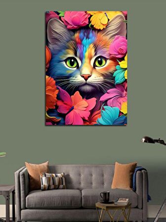 Kanvas Tablo Sevimli Kedi Ve Çiçekler