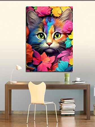 Kanvas Tablo Sevimli Kedi Ve Çiçekler