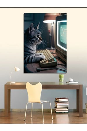 Kanvas Tablo Bilgisayar Kullanan Kedi