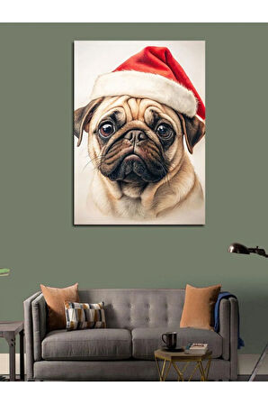 Kanvas Tablo Noel Baba Şapkası Takmış Köpek