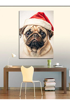 Kanvas Tablo Noel Baba Şapkası Takmış Köpek
