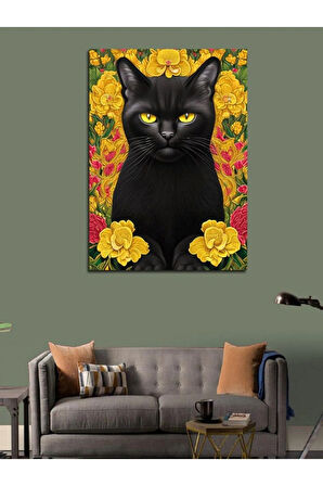Kanvas Tablo Siyah Kedi Ve Sarı Çiçekler