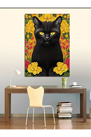 Kanvas Tablo Siyah Kedi Ve Sarı Çiçekler