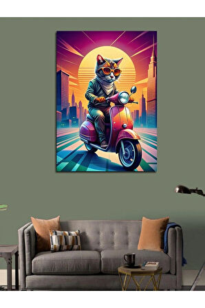 Kanvas Tablo Motosiklet Kullanan Kedi