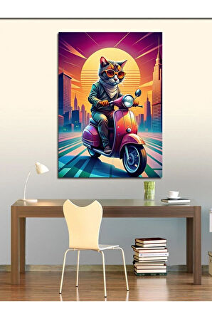 Kanvas Tablo Motosiklet Kullanan Kedi