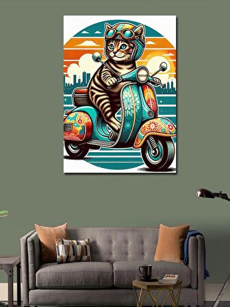 Kanvas Tablo Motosiklet Kullanan Kedi