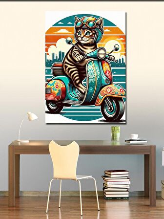 Kanvas Tablo Motosiklet Kullanan Kedi