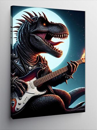 Kanvas Tablo Elektro Gitar Çalan Dinazor