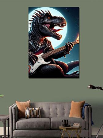 Kanvas Tablo Elektro Gitar Çalan Dinazor
