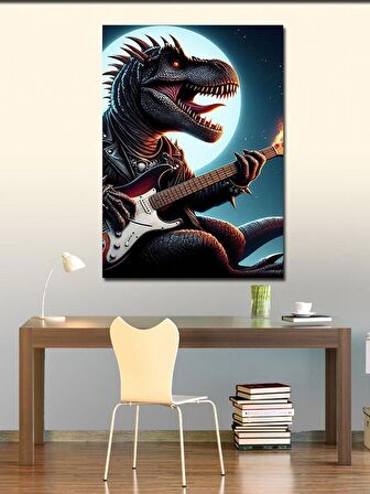 Kanvas Tablo Elektro Gitar Çalan Dinazor