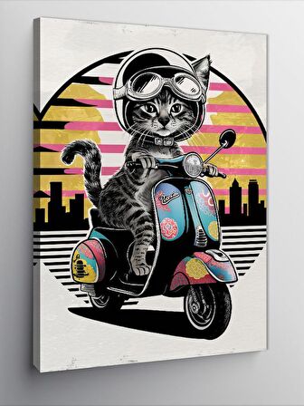 Kanvas Tablo Motosiklet Kullanan Kedi