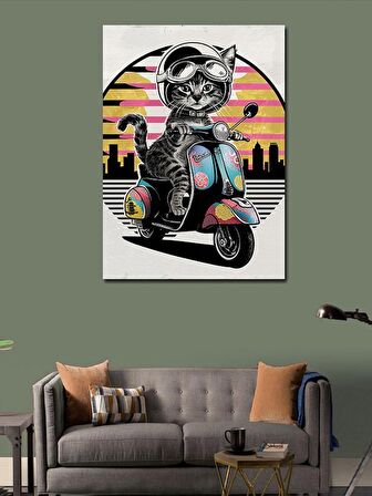 Kanvas Tablo Motosiklet Kullanan Kedi