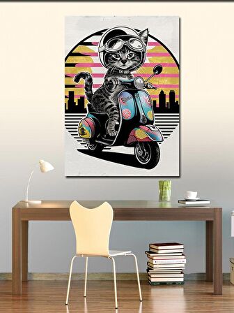 Kanvas Tablo Motosiklet Kullanan Kedi