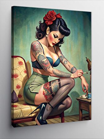Kanvas Tablo Dövmeli Pin Up Kızı