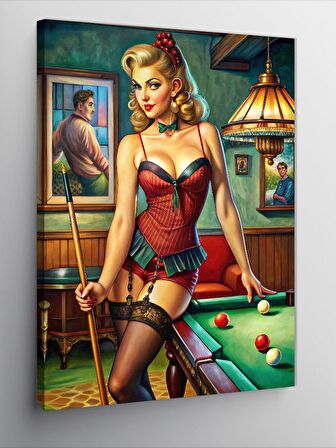 Kanvas Tablo Bilardo Oynayan Pin Up Kızı