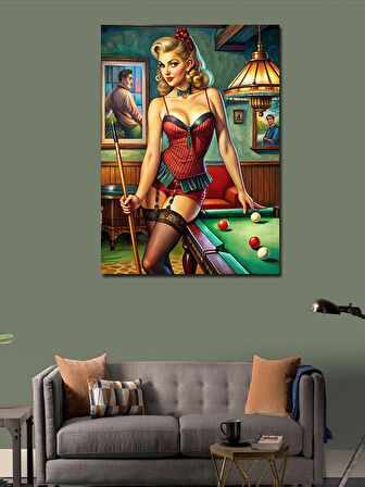 Kanvas Tablo Bilardo Oynayan Pin Up Kızı