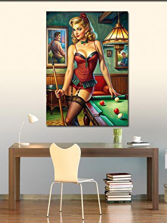 Kanvas Tablo Bilardo Oynayan Pin Up Kızı