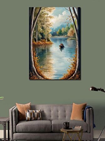 Kanvas Tablo Sonbaharda Göl Ve Balık Avı