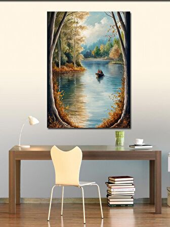 Kanvas Tablo Sonbaharda Göl Ve Balık Avı