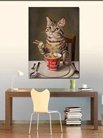Kanvas Tablo Noodle Yiyen Tekir Kedi 