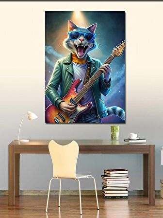 Kanvas Tablo Elektro Gitarcı Kedi