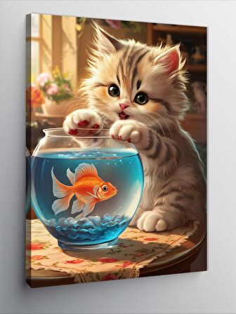 Kanvas Tablo Yavru Kedi Akvaryum Başında