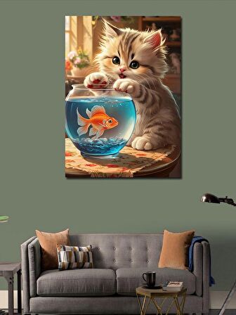 Kanvas Tablo Yavru Kedi Akvaryum Başında