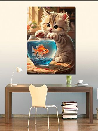 Kanvas Tablo Yavru Kedi Akvaryum Başında