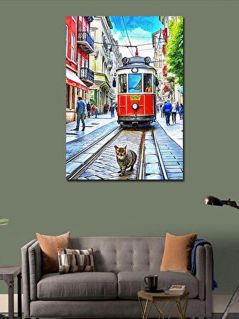 Kanvas Tablo Taksim'De Tramvay Ve Kedi