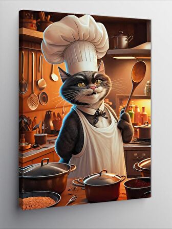 Kanvas Tablo Aşçı Şef Kedi Mutfakta