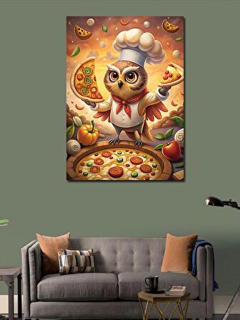 Kanvas Tablo Pizza Yapan Şef Baykuş