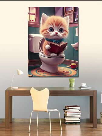 Kanvas Tablo Gazete Okuyan Tuvaletteki Kedi